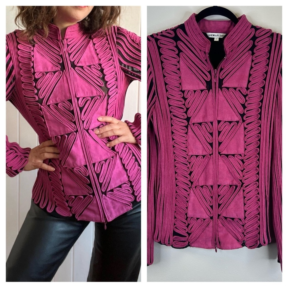 Andrea Rosati vintage womens 12‎ Faux Suede Pink and Black Mesh Jacket